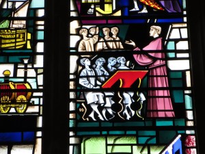 Detail of Alcuin from H.W. Harvey’s 1960 painted glass window in the Guildhall (by M.Garrison)